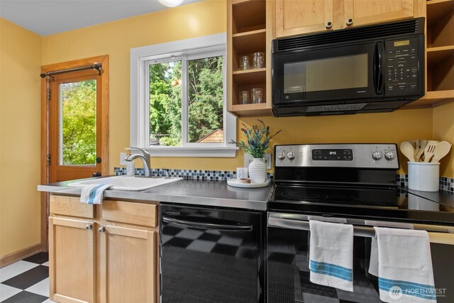13527 23rd Ave NE, Seattle, WA 98125 - kitchen featuring black appliances, open shelves, and plenty of natural light