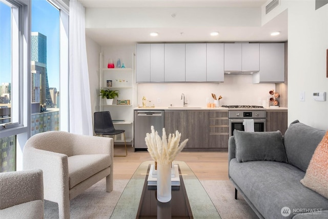 800 Columbia St Unit 1009, Seattle, WA 98104 - kitchen with stainless steel appliances, healthy amount of natural light, light wood-style flooring, light countertops, and recessed lighting