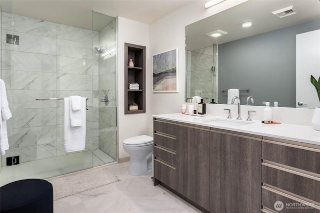 800 Columbia St Unit 1708, Seattle, WA 98104 - bathroom with a stall shower, marble look tiles, and vanity