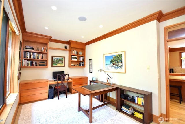 133 Fairway Pl, Sequim, WA 98382 - office area with crown molding, built in desk, and recessed lighting