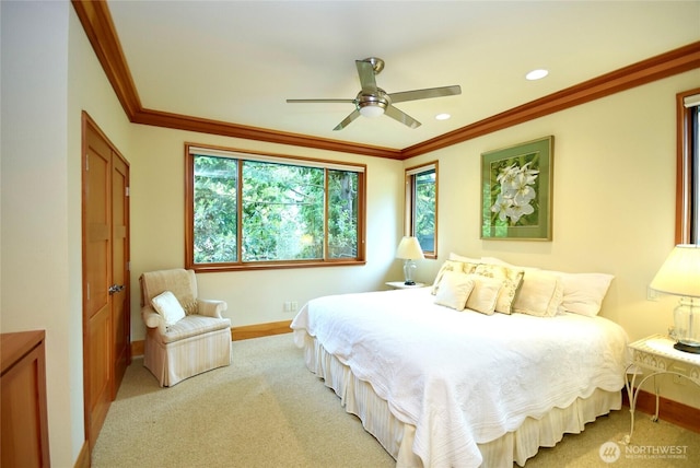 133 Fairway Pl, Sequim, WA 98382 - carpeted bedroom with ornamental molding, recessed lighting, and a ceiling fan