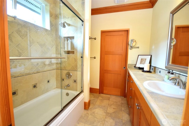 133 Fairway Pl, Sequim, WA 98382 - bathroom featuring vanity, shower / bath combination with glass door, and ornamental molding