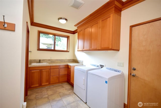 133 Fairway Pl, Sequim, WA 98382 - laundry room featuring cabinet space, washing machine and dryer, and crown molding