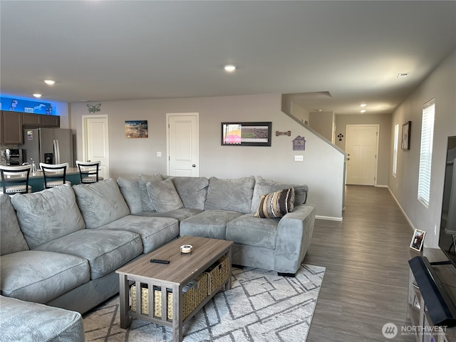 9151 Viola St SE, Tumwater, WA 98501 - living area with dark wood-type flooring and recessed lighting