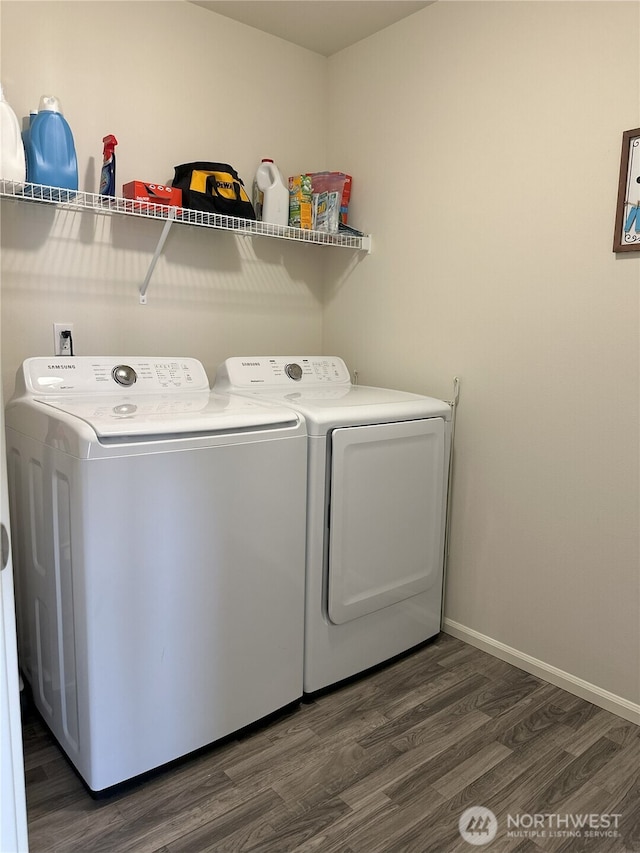 9151 Viola St SE, Tumwater, WA 98501 - laundry room featuring washer and clothes dryer and dark wood-style flooring