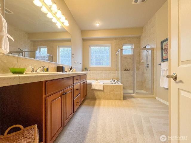 8621 Bainbridge Loop NE, Lacey, WA 98516 - full bathroom featuring vanity, a bath, a shower stall, and tasteful backsplash