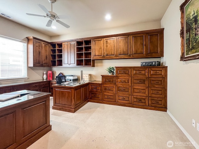 8621 Bainbridge Loop NE, Lacey, WA 98516 - kitchen featuring open shelves, a ceiling fan, built in desk, and recessed lighting