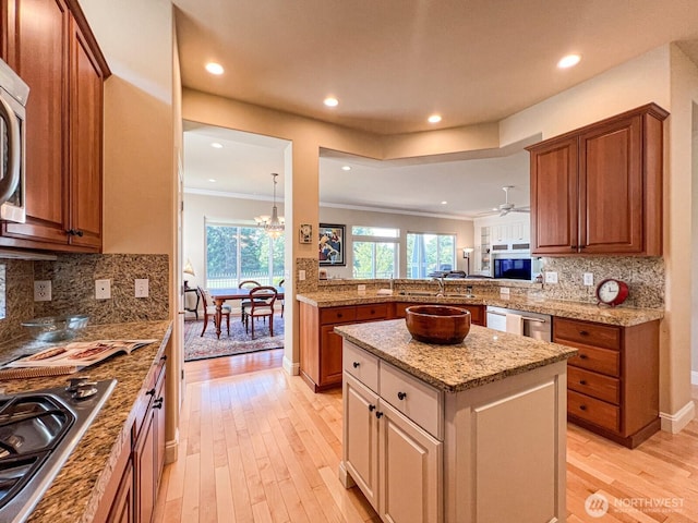 8621 Bainbridge Loop NE, Lacey, WA 98516 - kitchen featuring stainless steel appliances, light wood-style floors, tasteful backsplash, crown molding, and recessed lighting