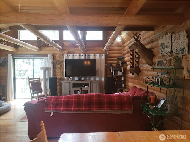 70 NE Wanda Ln, Belfair, WA 98528 - living area featuring rustic walls, wood finished floors, and a wood ceiling with exposed beams