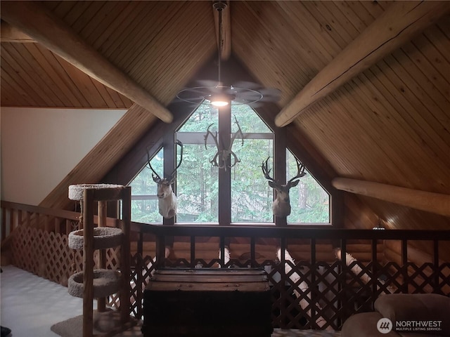 70 NE Wanda Ln, Belfair, WA 98528 - detailed view of a wood ceiling with exposed beams and a ceiling fan