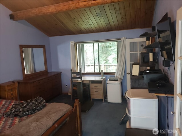 70 NE Wanda Ln, Belfair, WA 98528 - bedroom with dark colored carpet, wooden ceiling, and a desk