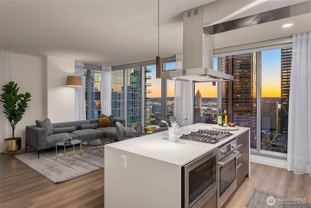800 Columbia St Unit 2503, Seattle, WA 98104 - kitchen featuring light wood finished floors, stainless steel appliances, island exhaust hood, a center island, and expansive windows