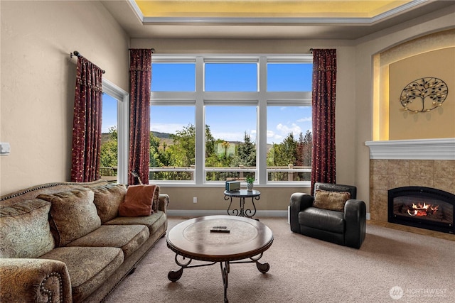 1075 Ridge Crest Dr, Wenatchee, WA 98801 - carpeted living room featuring a tiled fireplace