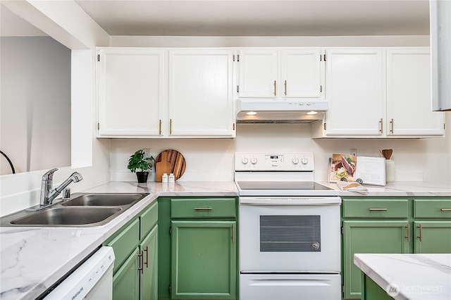 21305 50th Ave W Unit B2, Mountlake Terrace, WA 98043 - kitchen with white appliances, green cabinetry, under cabinet range hood, and white cabinetry