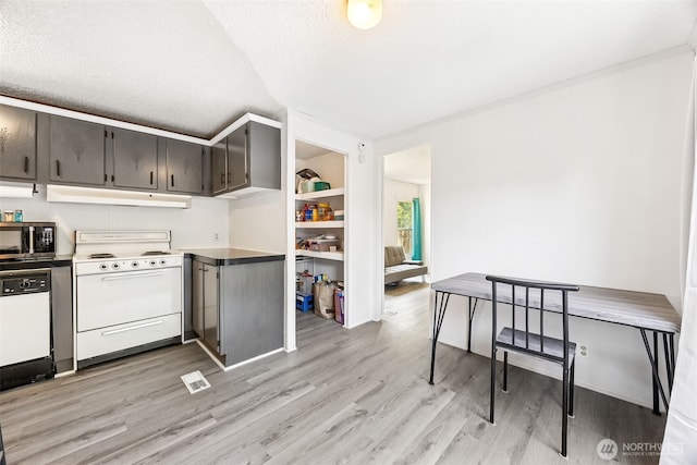 1921 208th St E Unit 7, Spanaway, WA 98387 - kitchen featuring white appliances, under cabinet range hood, light wood finished floors, and a textured ceiling