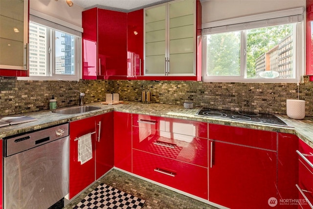 1200 Boylston Ave Unit 901, Seattle, WA 98101 - kitchen with red cabinets, dishwasher, black electric stovetop, and decorative backsplash