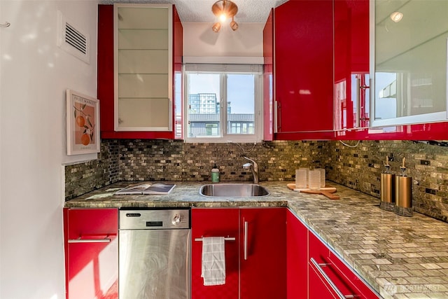 1200 Boylston Ave Unit 901, Seattle, WA 98101 - kitchen featuring red cabinetry, stainless steel dishwasher, and tasteful backsplash