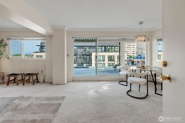 1200 Boylston Ave Unit 901, Seattle, WA 98101 - carpeted living room featuring crown molding, plenty of natural light, a textured ceiling, and a chandelier