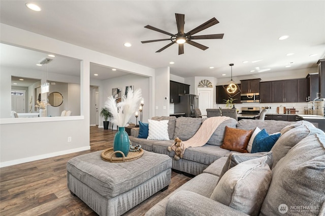 1705 85th Ave SE, Lake Stevens, WA 98258 - living area featuring ceiling fan, dark wood finished floors, and recessed lighting