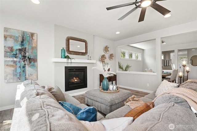 1705 85th Ave SE, Lake Stevens, WA 98258 - living room with wood finished floors, a ceiling fan, recessed lighting, and a glass covered fireplace