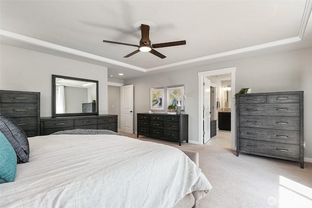 1705 85th Ave SE, Lake Stevens, WA 98258 - bedroom with a raised ceiling, light carpet, recessed lighting, a ceiling fan, and connected bathroom