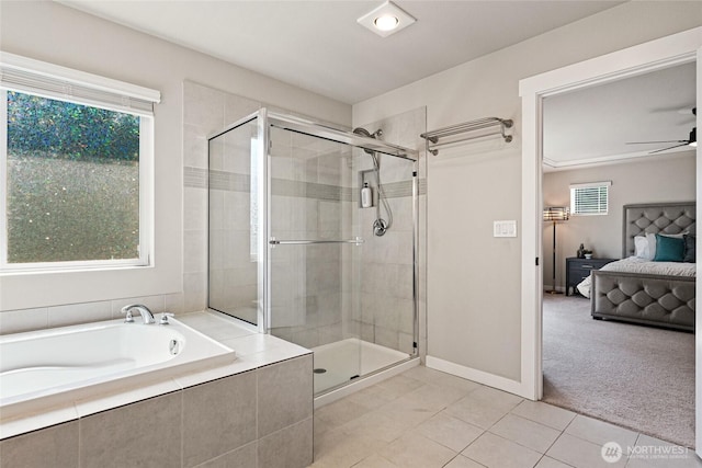 1705 85th Ave SE, Lake Stevens, WA 98258 - ensuite bathroom with a garden tub, tile patterned flooring, a shower stall, and ceiling fan