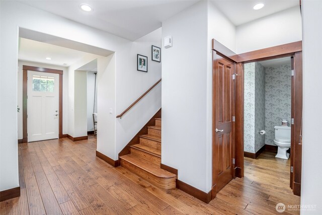 1141 Bell Hill Pl, Dupont, WA 98327 - entryway with hardwood / wood-style floors, stairway, and recessed lighting