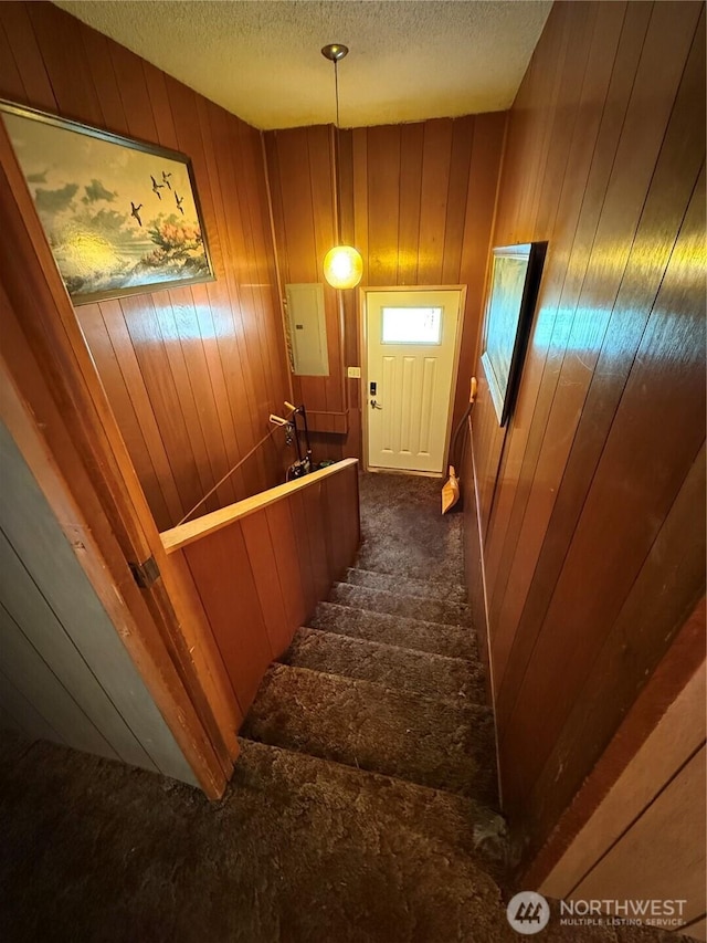 5645 Lento Pl SE, Olympia, WA 98513 - stairway with a textured ceiling, electric panel, carpet flooring, and wood walls