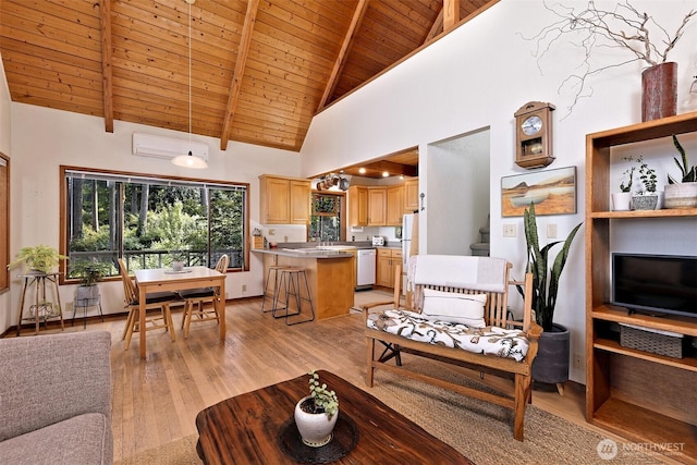 662 E Stadium Beach Rd E, Grapeview, WA 98546 - living area with high vaulted ceiling, a wooden ceiling with exposed beams, light wood-type flooring, and a wall unit AC