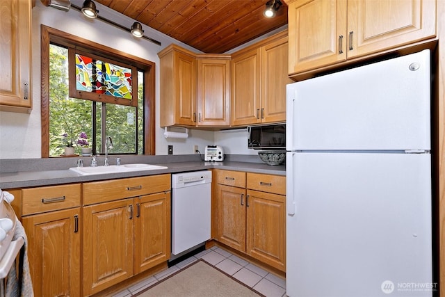 662 E Stadium Beach Rd E, Grapeview, WA 98546 - kitchen featuring white appliances, wooden ceiling, and light tile patterned flooring