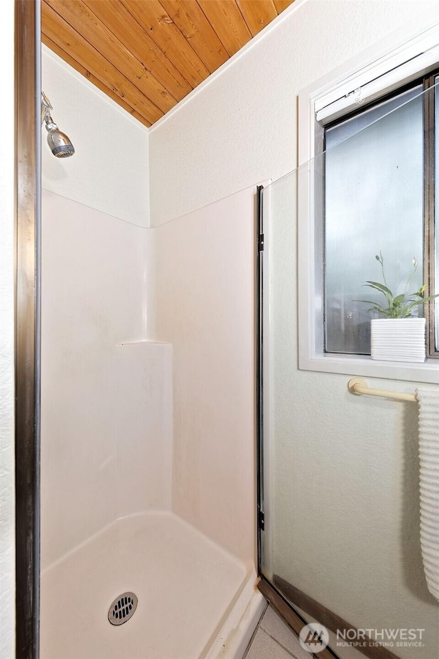 662 E Stadium Beach Rd E, Grapeview, WA 98546 - full bath featuring a shower stall and wooden ceiling
