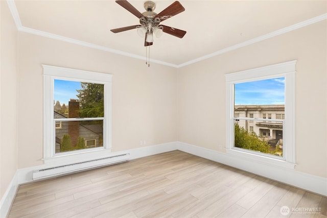 3722 Oakes Ave, Everett, WA 98201 - empty room with a baseboard heating unit, crown molding, light wood-style floors, and ceiling fan