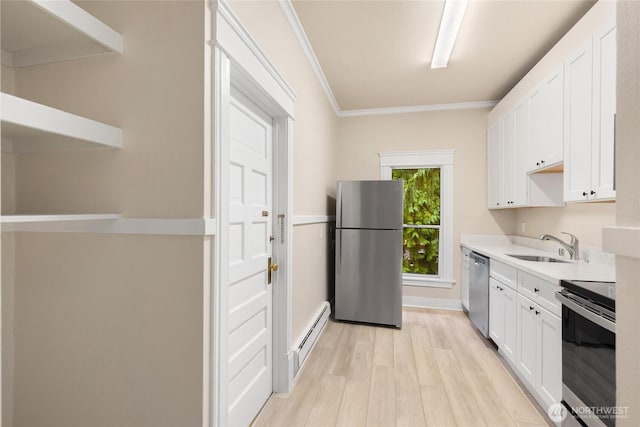 3722 Oakes Ave, Everett, WA 98201 - kitchen with appliances with stainless steel finishes, a baseboard radiator, light wood-style flooring, crown molding, and white cabinetry