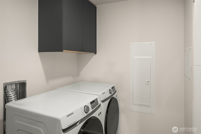 926 23rd Ave, Seattle, WA 98122 - laundry area featuring cabinet space, electric panel, and washing machine and clothes dryer
