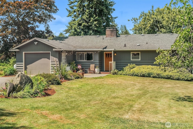 16305 Crescent Dr SW, Vashon, WA 98070 - ranch-style house with a garage, a chimney, a front yard, driveway, and a shingled roof