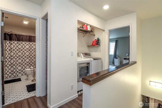6530 Newaukum Pl NE, Bremerton, WA 98311 - washroom with washer and dryer, dark wood finished floors, and recessed lighting