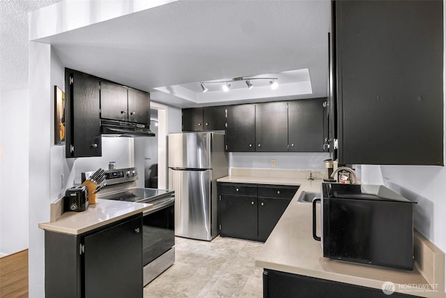 1211 N 8th St Unit 2, Mount Vernon, WA 98273 - kitchen featuring appliances with stainless steel finishes, under cabinet range hood, light countertops, a tray ceiling, and dark cabinetry