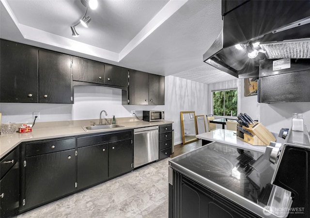 1211 N 8th St Unit 2, Mount Vernon, WA 98273 - kitchen featuring stainless steel appliances, a tray ceiling, light countertops, and wall chimney range hood