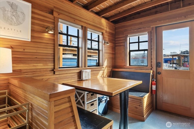 2401 N Northlake Way Unit E7, Seattle, WA 98103 - office area with wooden walls and a wood ceiling with exposed beams