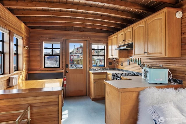 2401 N Northlake Way Unit E7, Seattle, WA 98103 - kitchen with under cabinet range hood, stove, a peninsula, wood ceiling, and light brown cabinetry