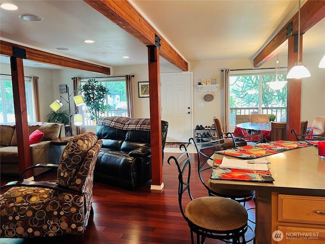 601 Mountain Trail Rd, Brinnon, WA 98320 - dining room with beamed ceiling, dark wood-style floors, healthy amount of natural light, and recessed lighting