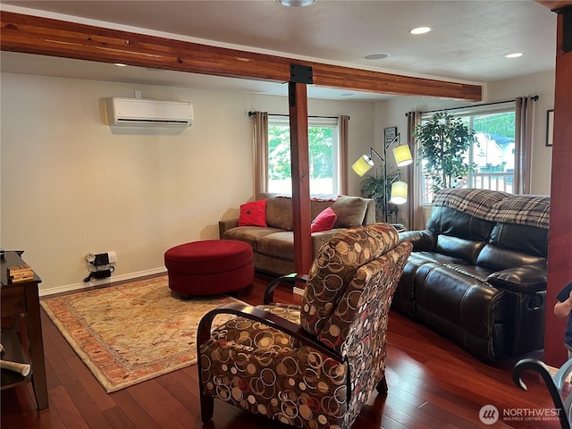 601 Mountain Trail Rd, Brinnon, WA 98320 - living area with wood-type flooring, an AC wall unit, healthy amount of natural light, and recessed lighting