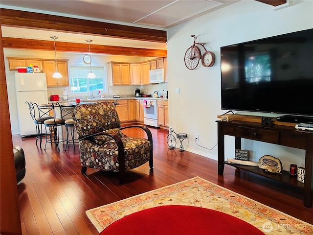 601 Mountain Trail Rd, Brinnon, WA 98320 - living area featuring dark wood-style flooring, attic access, and beam ceiling