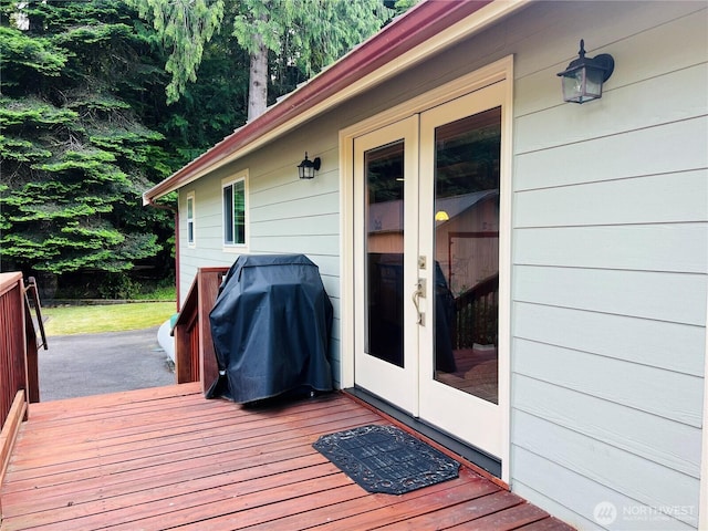 601 Mountain Trail Rd, Brinnon, WA 98320 - wooden terrace featuring french doors and a grill