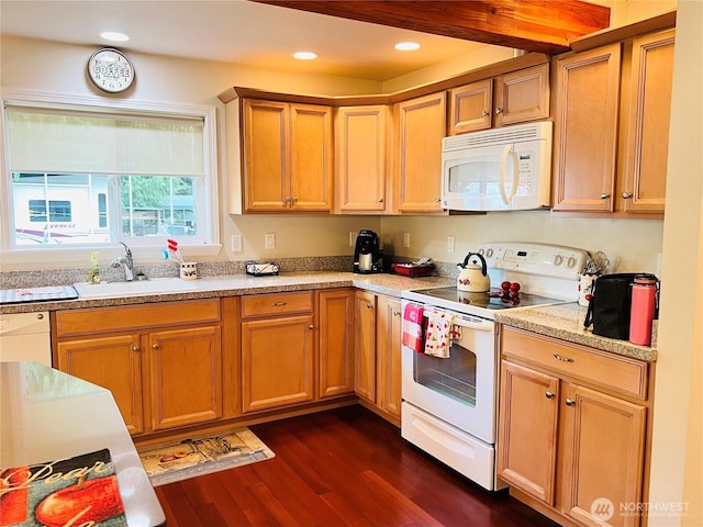601 Mountain Trail Rd, Brinnon, WA 98320 - kitchen featuring white appliances, dark wood finished floors, light countertops, beam ceiling, and recessed lighting