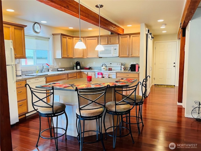 601 Mountain Trail Rd, Brinnon, WA 98320 - kitchen with white appliances, dark wood-type flooring, a kitchen breakfast bar, light countertops, and recessed lighting