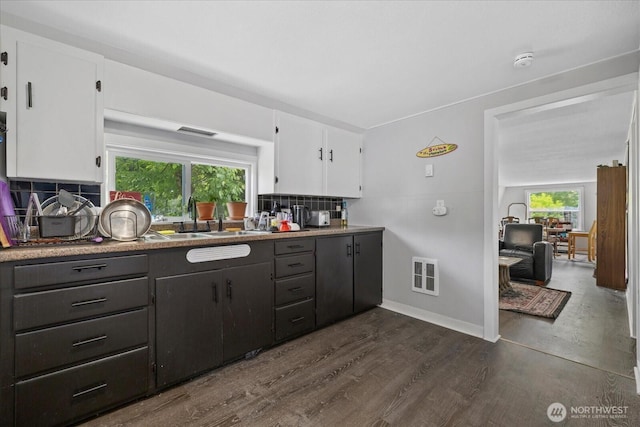 20102012 Dickinson Ave NW, Olympia, WA 98502 - kitchen featuring white cabinetry, tasteful backsplash, healthy amount of natural light, and dark wood-style floors