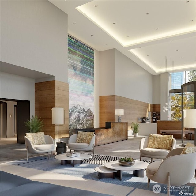 2510 6th Ave Unit 2306, Seattle, WA 98121 - building lobby featuring a high ceiling and wooden walls