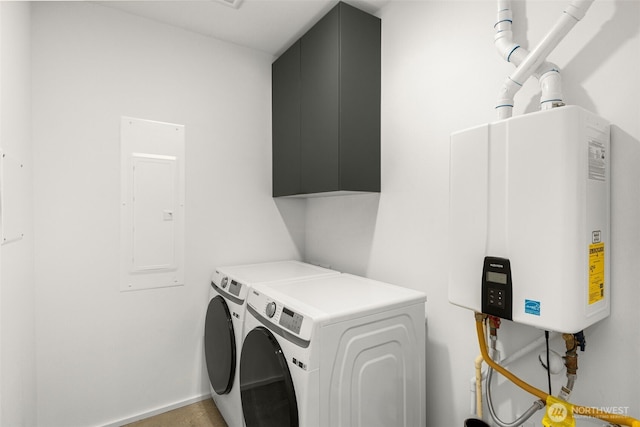 930 23rd Ave, Seattle, WA 98122 - washroom with cabinet space, tankless water heater, electric panel, and washing machine and dryer