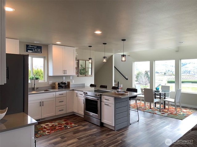 217 San Remo Ln, Chelan, WA 98816 - kitchen featuring electric stove, freestanding refrigerator, dark wood-style flooring, a peninsula, and white cabinetry
